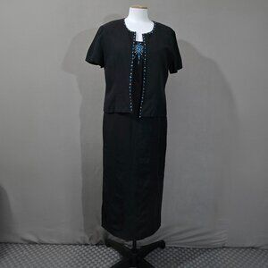 Jessica Howard Black Linen Rayon Skirt Suit Jacket Dress 2PC Size 14 Womens